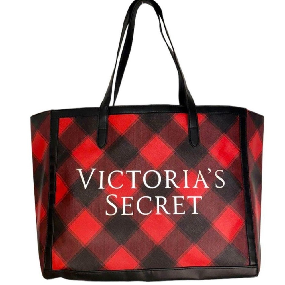 Victoria’s Secret red and black plaid tote bag.